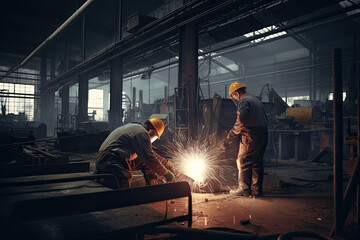 Heavy industrial engineering factory interior with industrial workers using angle grinders and metal pipe cutters, contractors to produce safety uniforms and hard hats, metal structures