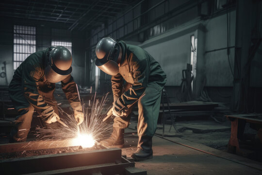 Heavy industrial engineering factory interior with industrial workers using angle grinders and metal pipe cutters, contractors to produce safety uniforms and hard hats, metal structures