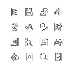 Set of inspection related icons, check, testing, examination and linear variety symbols.	
