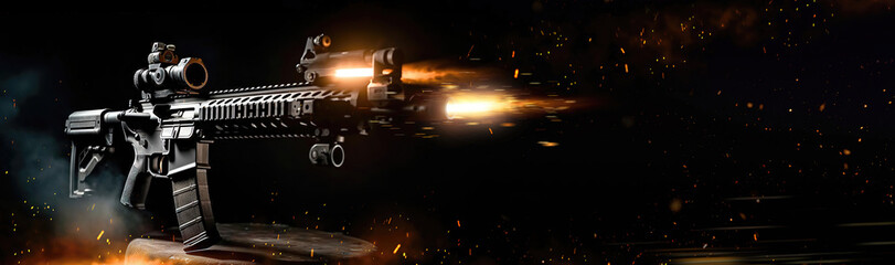 generic assault riffle shooting firepower bullets isolated on black background for special operations and tactical team concepts as banner with copyspace area - Generative AI