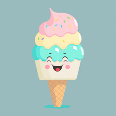 Happy summer ice cream character with various flavors. Pastel colors illustration.