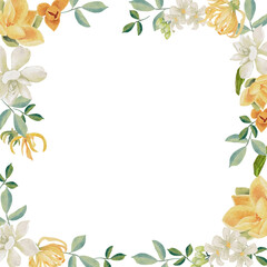 Fototapeta premium watercolor white gardenia and Thai style flower bouquet wreath frame square banner background