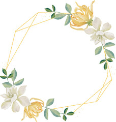 watercolor white gardenia and Thai style flower bouquet wreath with gold glitter frame