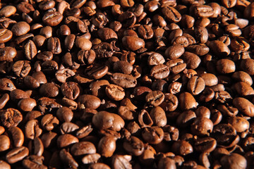 Coffee beans background. Texture of coffee beans close up. Dark brown roasted coffee is spinning. Abundance. Concept for coffee product advertising. Selective Focus. Border design with copy space