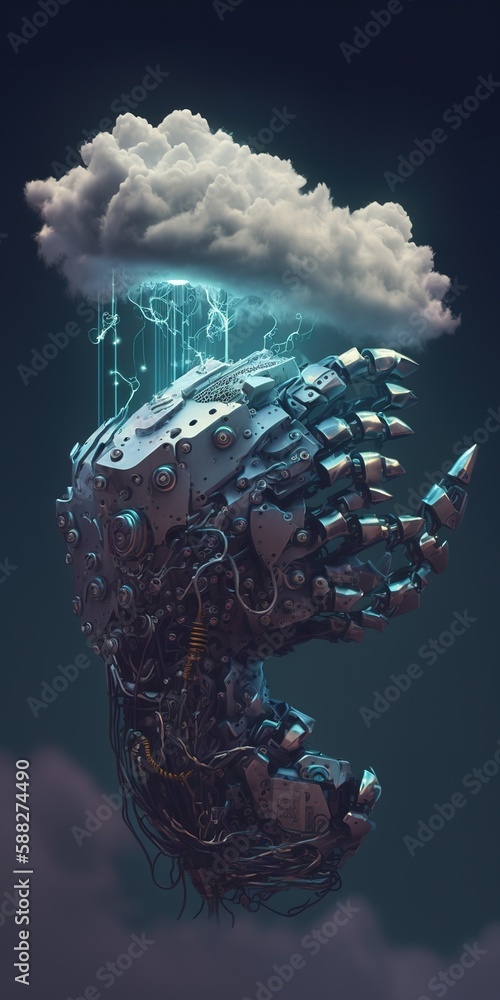 Poster imaginative ai cloud with a robotic hand generative ai