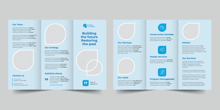 Building Services Company  trifold brochure template. A clean, modern, and high-quality design tri fold brochure vector design. Editable and customize template brochure