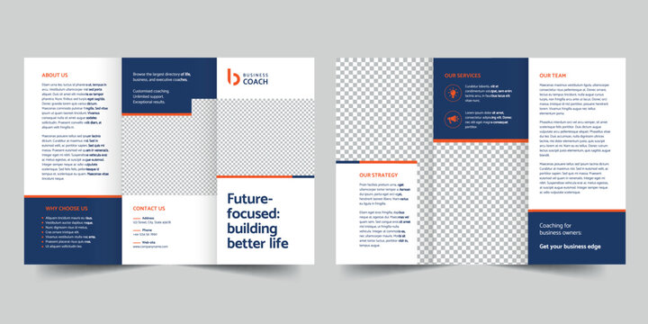 Business Coach trifold brochure template. A clean, modern, and high-quality design tri fold brochure vector design. Editable and customize template brochure