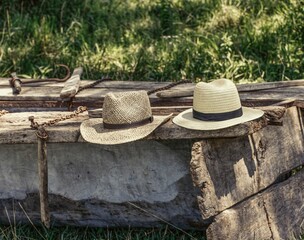 A close-up view of two hats on a wooden plank