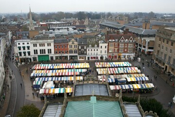 An aerial shot of a street market