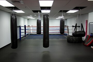 Training room which includes gym, punching bags, and a boxing ring