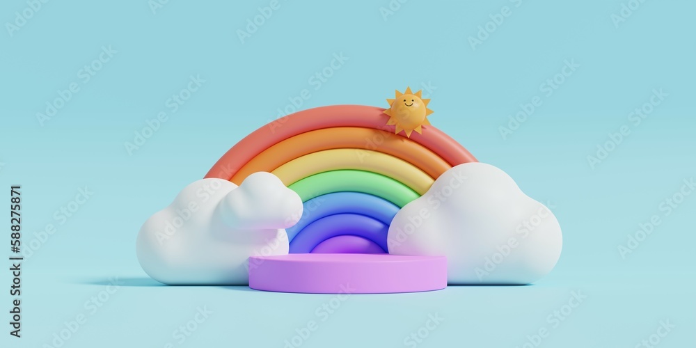 Poster minimal background.podium with cloud, sun and rainbow for product presentation. 3d rendering illustr