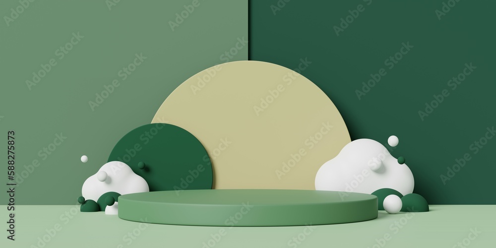Poster Minimal background. Podium with cloud and circular frame for product presentation. 3d rendering illustration.