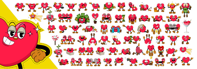 Big set of comic red hearts characters in retro cartoon style on valentine day holiday. Cute comic hearts with funny faces emoticons in cartoon style for any life situation.