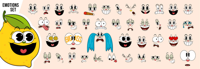 Mega set Cartoon funny faces. Retro cartoon comic faces with different emotional expressions. Caricature emotions. Expressive eyes and mouth, smiling, crying and surprised character face expressions. - obrazy, fototapety, plakaty