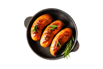 Grill and barbecue sausage in pan, with rosemary on transparent background , top view, copy space