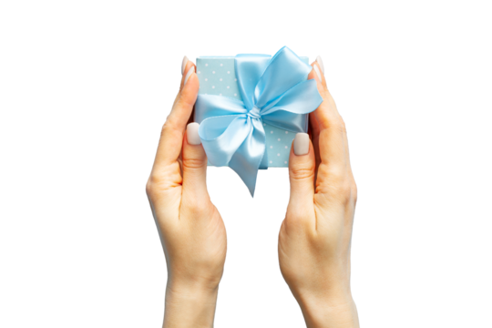 Blue gift box with womans hands on transparent background, boy baby birthday and fathers day concept, card, copy space, top view vertical