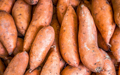 Organic sweet yam potatoes top view closeup. Vegetarian, nutritional food seamless pattern.