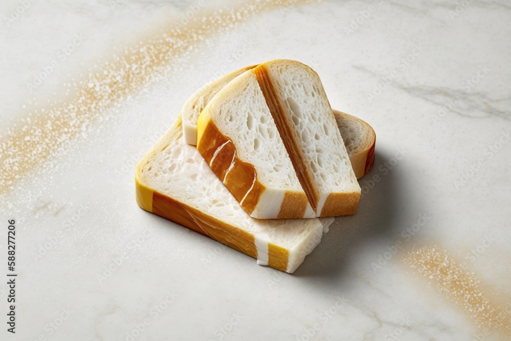 Poster slices of boiled bread on a marble slab. generative ai