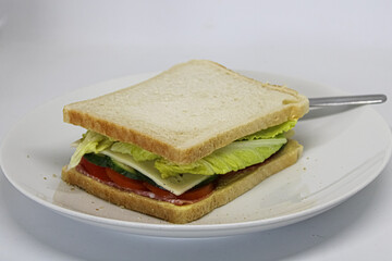 Homemade salami tomato cucumber cheese and lettuce white bread sandwich on white plate and white background 