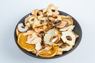 Healthy vegetarian food concept. Assortment of dried fruits, nuts and seeds on white background. Top view. Mixed nuts set closeup.