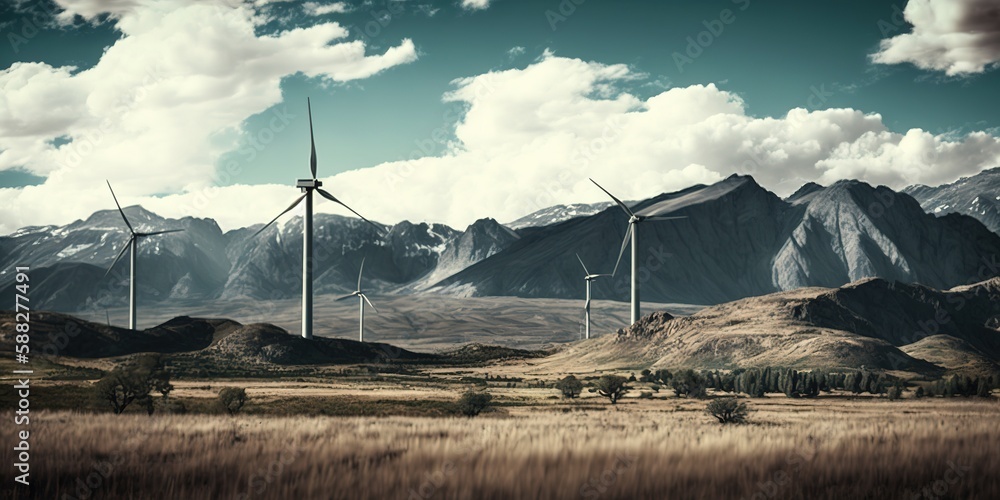 Poster very tall, rugged mountains frame a vertical low-angle image of a field full with windmills. generat
