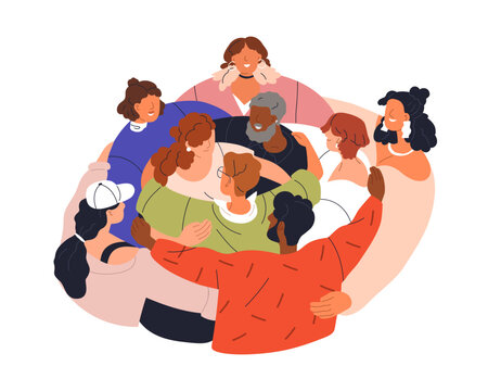 United Community, People Group Hugging Together. Support, Peace, Humanism Concept. Supporting Loving Society. Supportive Unity Embracing Together. Flat Vector Illustration Isolated On White Background