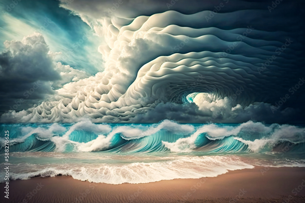 Poster abstract stylized ocean waves and clouds. created with generative ai technology.