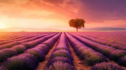 Stunning landscape with lavender field with stunning sunset on background. Generative AI