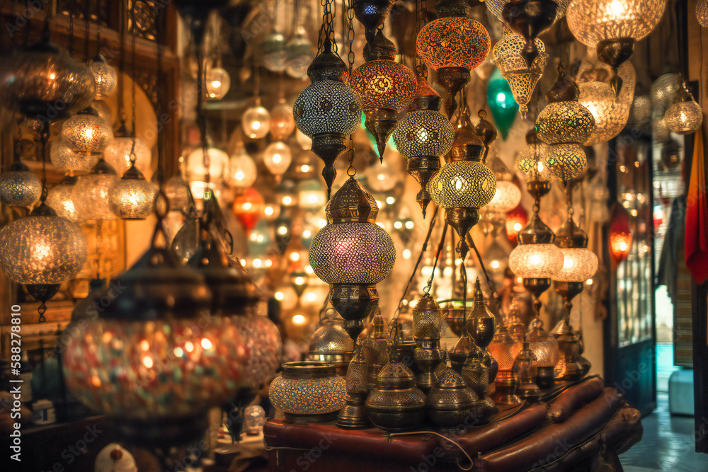 Poster metal filigree lanterns in a middle east bazaar. oriental artwork and craft. created with generative