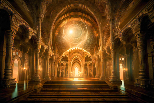 Fantasy big hall in heaven or in a spiritual dimension. Deep spiritual dimensions and life after death concept. Created with Generative AI technology.
