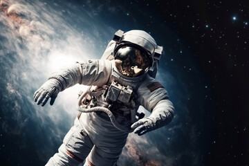 Obraz premium Astronaut or cosmonaut floating in space with incredibile nebula or starry galaxy. Space man astronomy and exploration. Ai generated