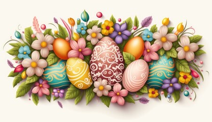 Easter banner colorful eggs and spring flowers