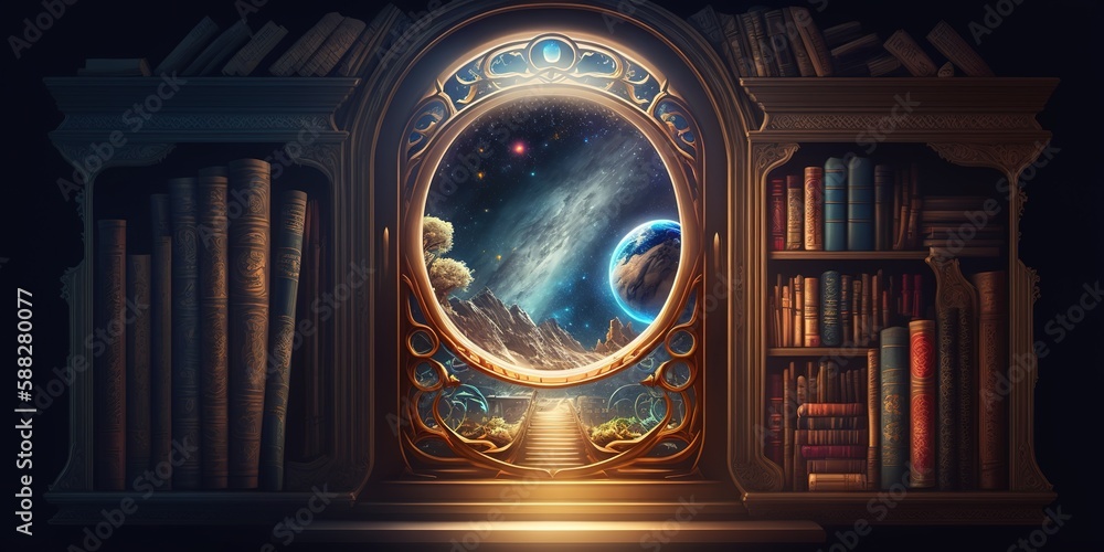 Poster there is a full-size bookcase next to the window of a rococo-style spacecraft, and the milky way can