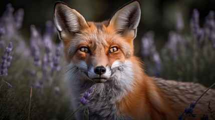 Portrait of a fox with lavender