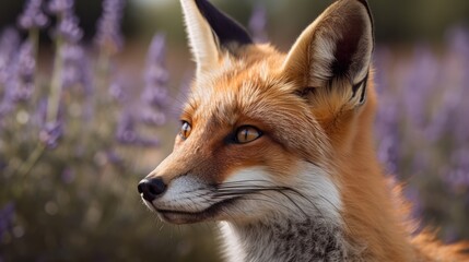Portrait of a fox with lavender in the background