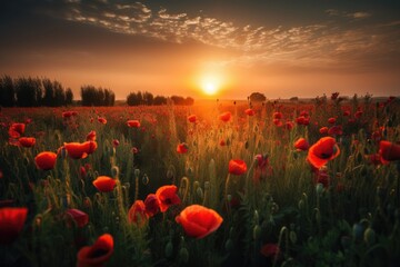 Fototapeta na wymiar Poppy flowers field at sunset generative ai