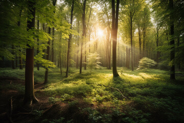 Obraz premium Forest Glades: A Verdant Paradise Bathed in Golden Sunlight