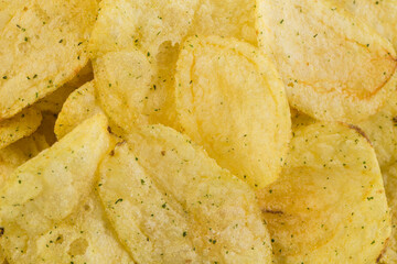 Prepared potato chips snack closeup view