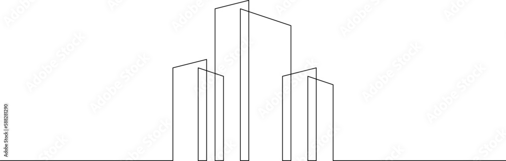 Wall mural One continuous line. House logo. Modern architecture. Building symbol. Construction logo.Skyscraper office building. One continuous line drawn isolated, white background.