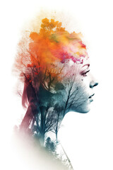 Doble exposición generada con IA de una cabeza femenina con un fondo colorido de naturaleza, árboles, bosque y montañas con un fondo blanco.