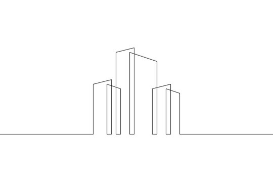 One continuous line. House logo. Modern architecture. Building symbol. Construction logo.Skyscraper office building. One continuous line drawn isolated, white background.