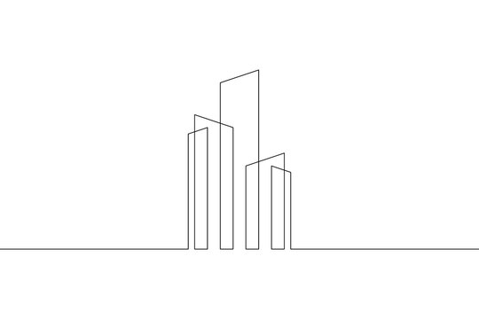 One continuous line. House logo. Modern architecture. Building symbol. Construction logo.Skyscraper office building. One continuous line drawn isolated, white background.