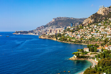 High angle view of Monaco, Monte Carlo,  from Roquebrune, France. Panoramic view. Summer 2022....