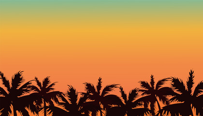 Fototapeta na wymiar Palm tree silhouette against the sky at sunset. Summer holidays background. Sunset View Poster. Vector resort wallpaper