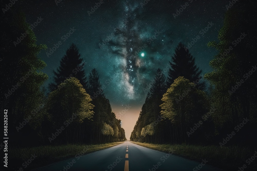 Poster panoramic view of a deserted road surrounded by trees and stars generative ai