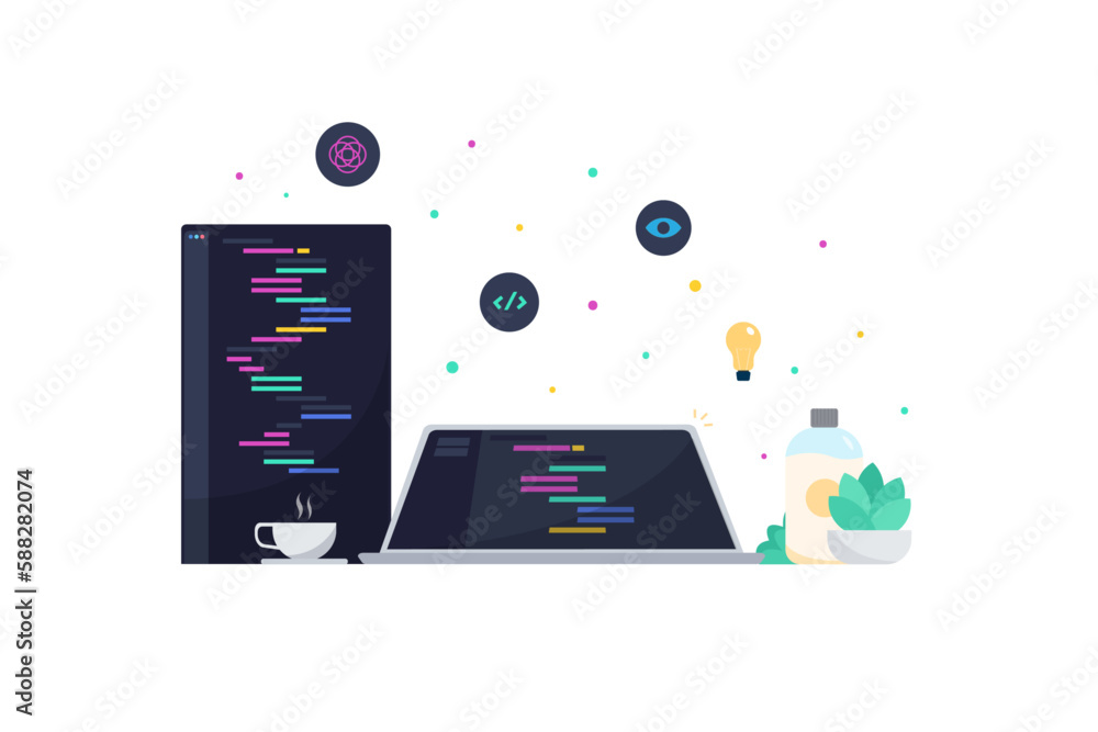 Wall mural illustration and vector web developer, accompanied by a cup of coffee that helps the brain think