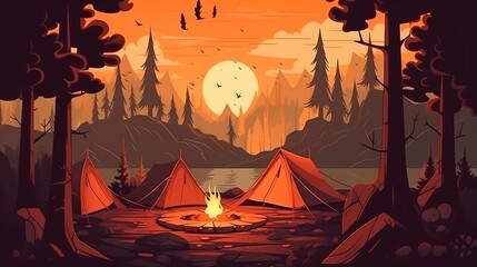 A campsite with a tent and a campfire in the forest. Summer landscape in nature. Generative AI - obrazy, fototapety, plakaty