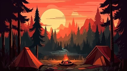 A campsite with a tent and a campfire in the forest. Summer landscape in nature. Generative AI