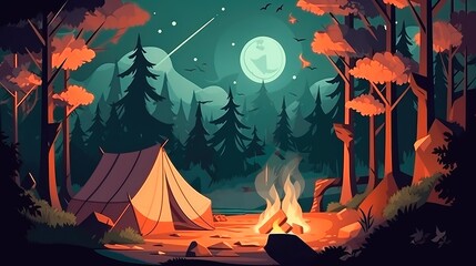 A campsite with a tent and a campfire in the forest. Summer landscape in nature. Generative AI