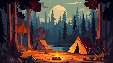 A campsite with a tent and a campfire in the forest. Summer landscape in nature. Generative AI - obrazy, fototapety, plakaty